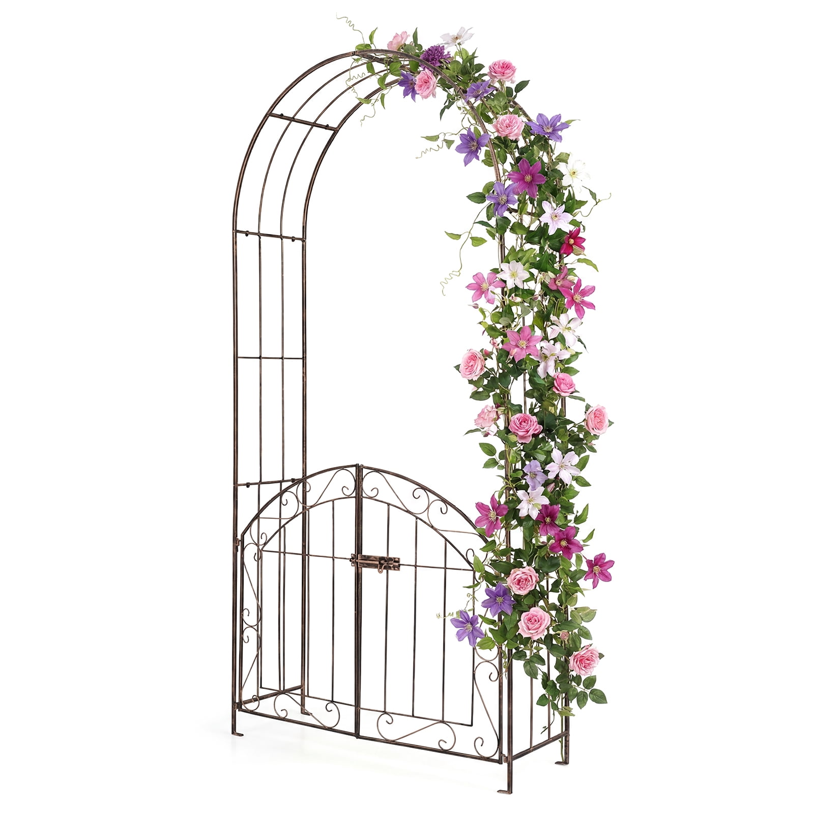 Gymax Garden Arch w/ Gate 79'' Heavy-Duty Metal Arbor Trellis w/ Safety ...