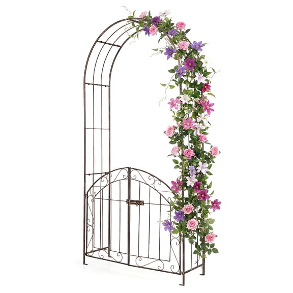 Gymax Garden Arch w/ Gate 79'' Heavy-Duty Metal Arbor Trellis w/ Safety Latch Bronze