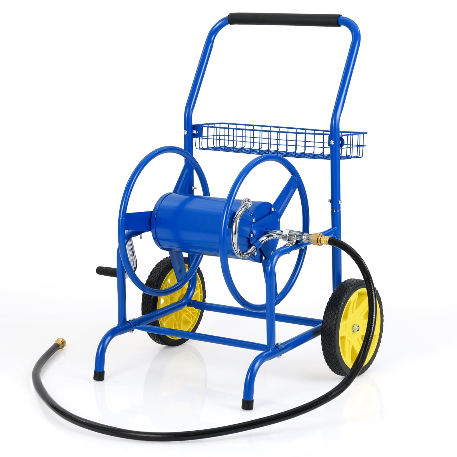 Gymax Garden Hose Reel Cart 230 FT of 5/8'' Large Capacity w/ 2 Wheels Storage Basket Blue