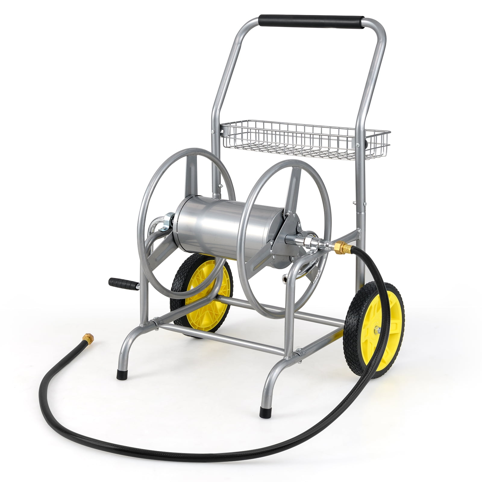 Gymax Garden Hose Reel Cart 230 FT of 5/8'' Large Capacity w/ 2 Wheels Storage Basket Silver