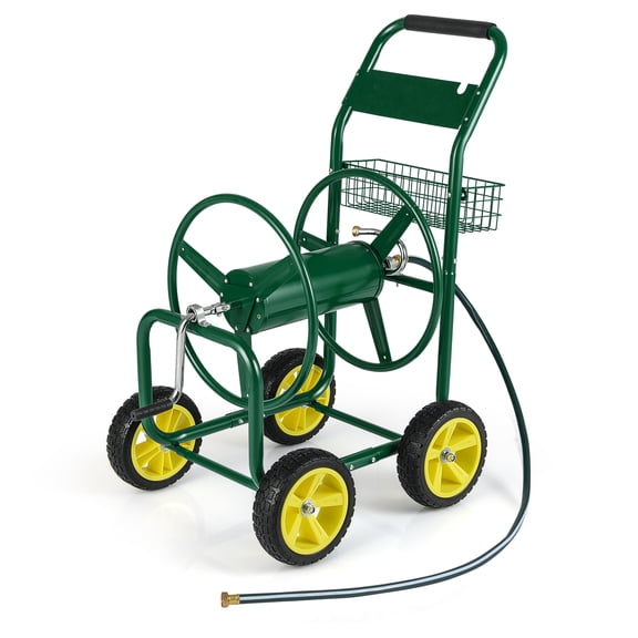 Gymax Garden Hose Reel Cart 300 FT of 5/8'' Large Capacity Heavy-Duty Metal Hose Cart Green