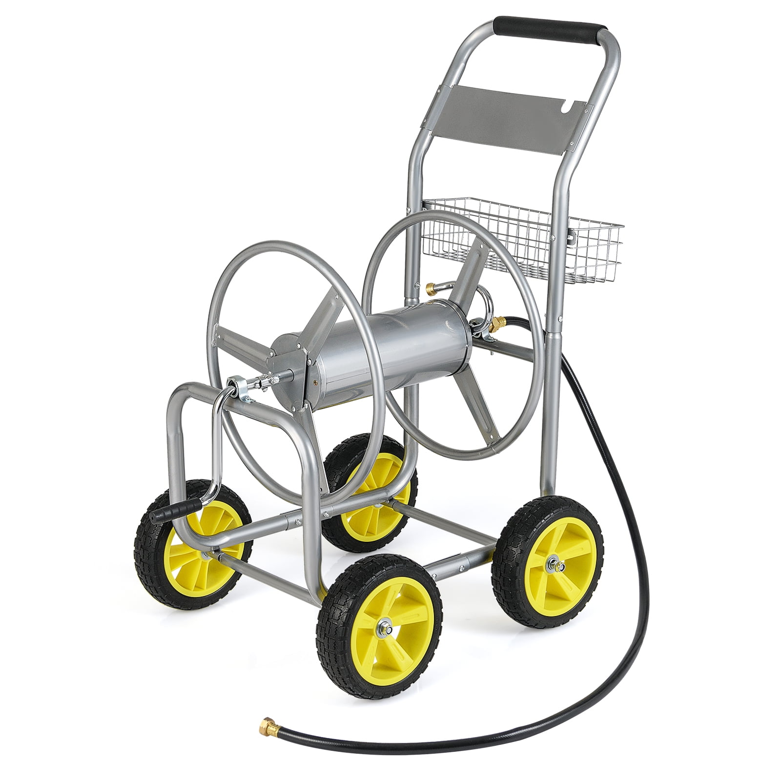 Gymax Garden Hose Reel Cart 300 FT of 5/8'' Large Capacity Heavy-Duty Metal Hose Cart Silver