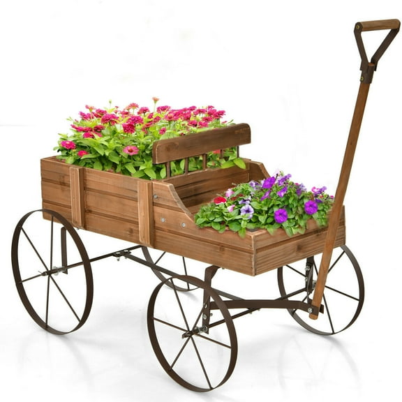 Gymax Garden Plant Planter Wooden Wagon Planter W/ Wheel Garden Yard Brown