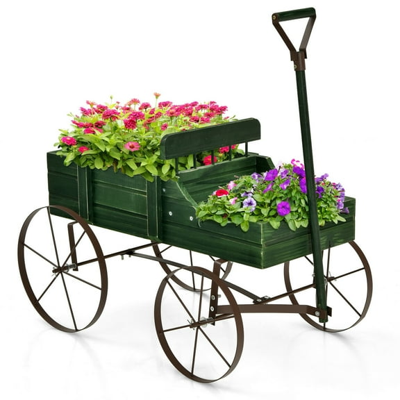 Gymax Garden Plant Planter Wooden Wagon Planter W/ Wheel Garden Yard Green