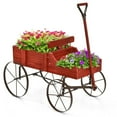 thumbnail image 1 of Gymax Garden Plant Planter Wooden Wagon Planter W/ Wheel Garden Yard Red, 1 of 10