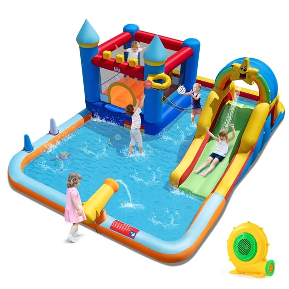 Gymax Giant Water Slide Bounce House w/Climbing Wall Splash Pool & Basketball Hoop
