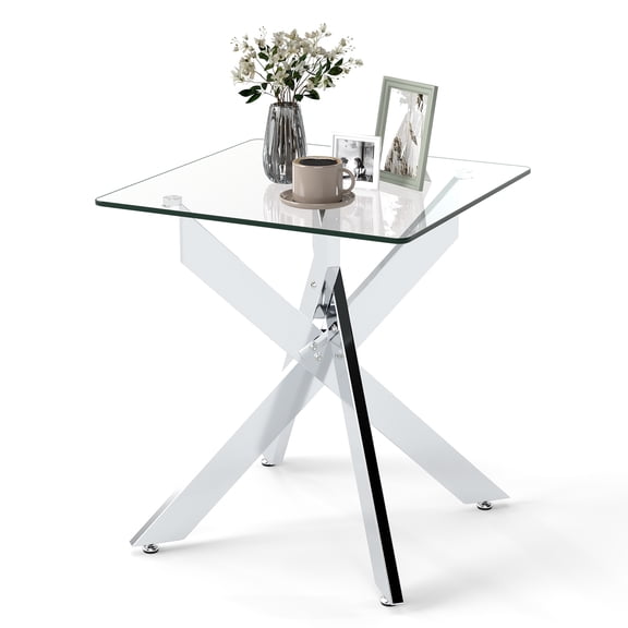 Gymax Glass Side Table Square End Table w/Tempered Glass Top & Metal X Base Silver