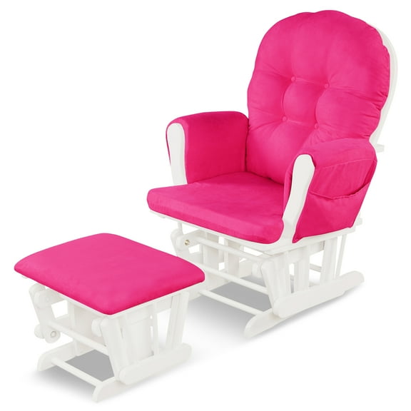 Gymax Glider & Ottoman Cushion Set Wood Baby Nursery Rocking Chair Pink