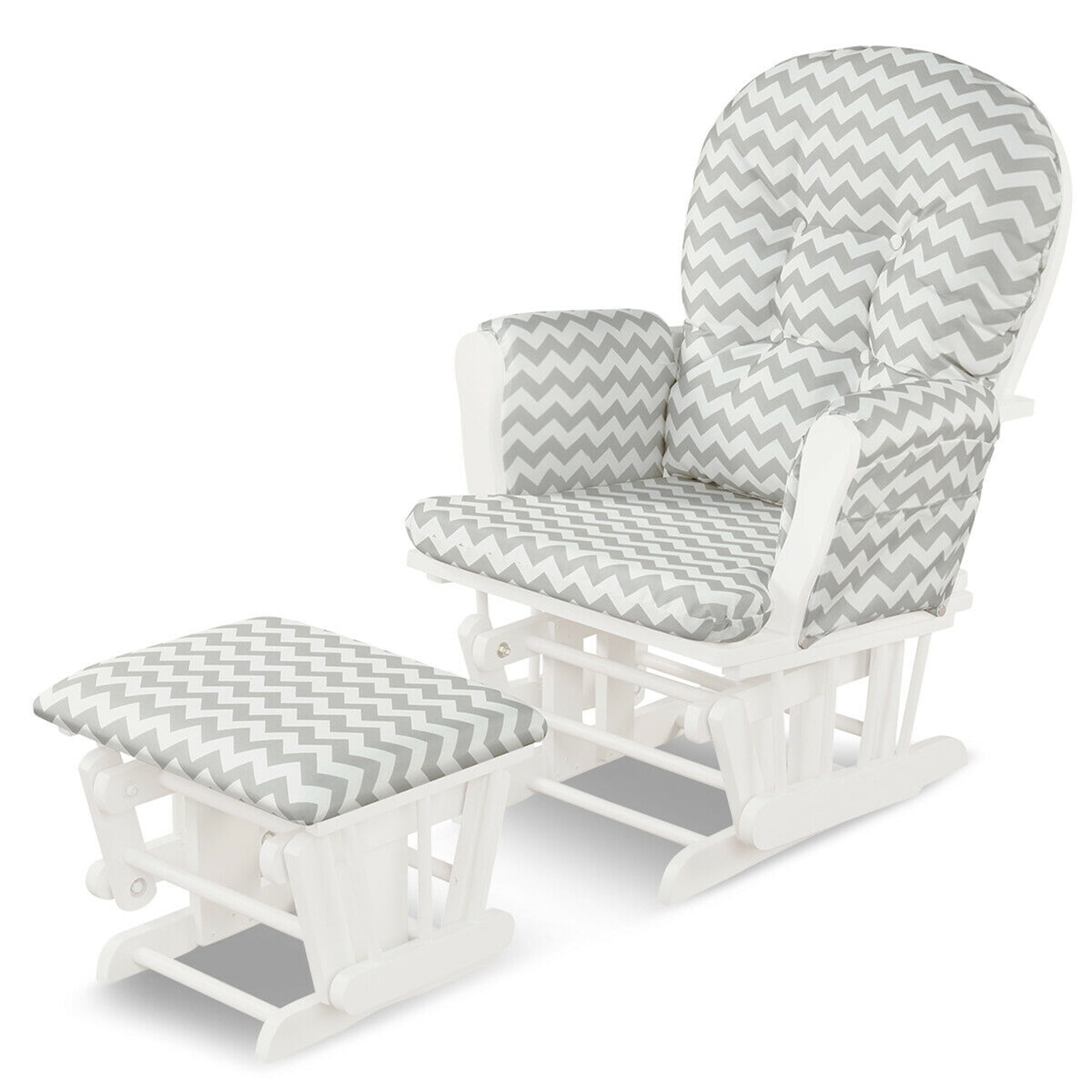 Gymax Glider and Ottoman Cushion Set Wood Baby Nursery Rocking Chair Grey + White