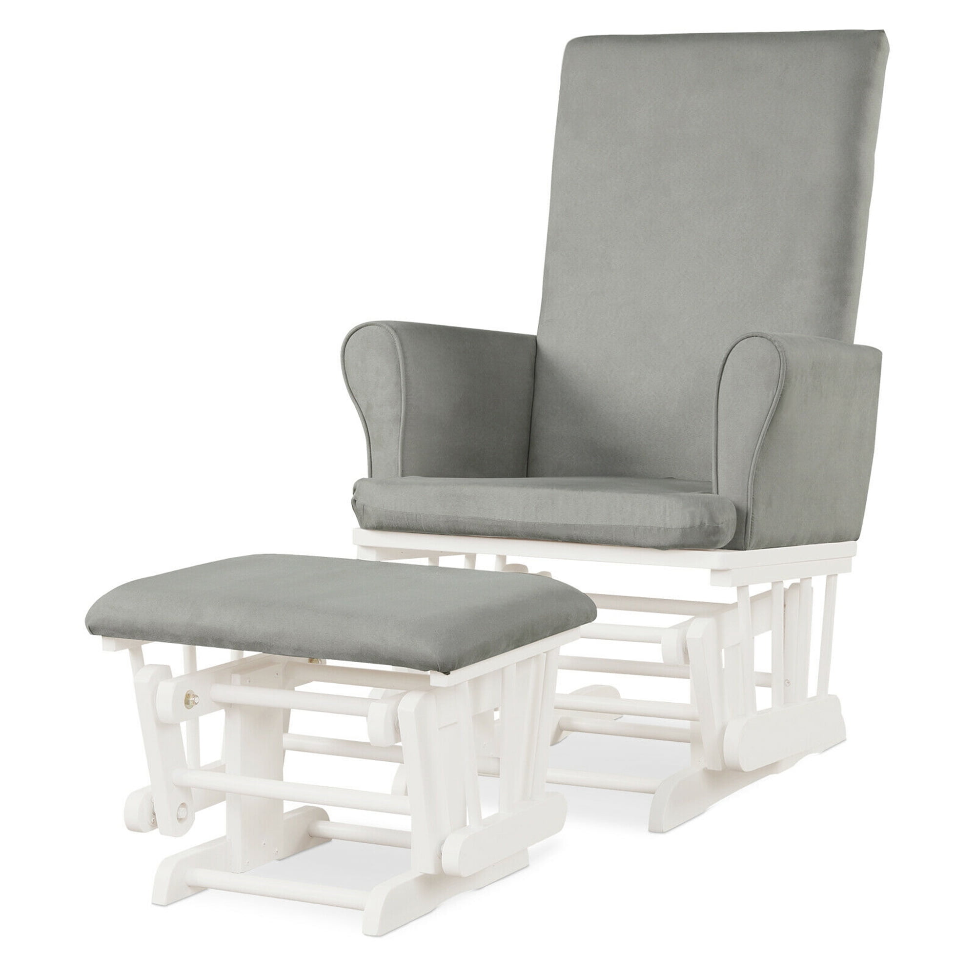 Gymax Glider and Ottoman Cushion Set Wooden Baby Nursery Rocking Chair Grey