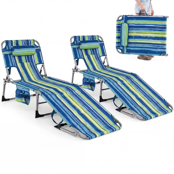 Gymax 2PCS Tanning Chair w/ Face & Arm Holes Folding Chaise Lounge Beach Chair w/ Adjustable Backrest Blue & Green