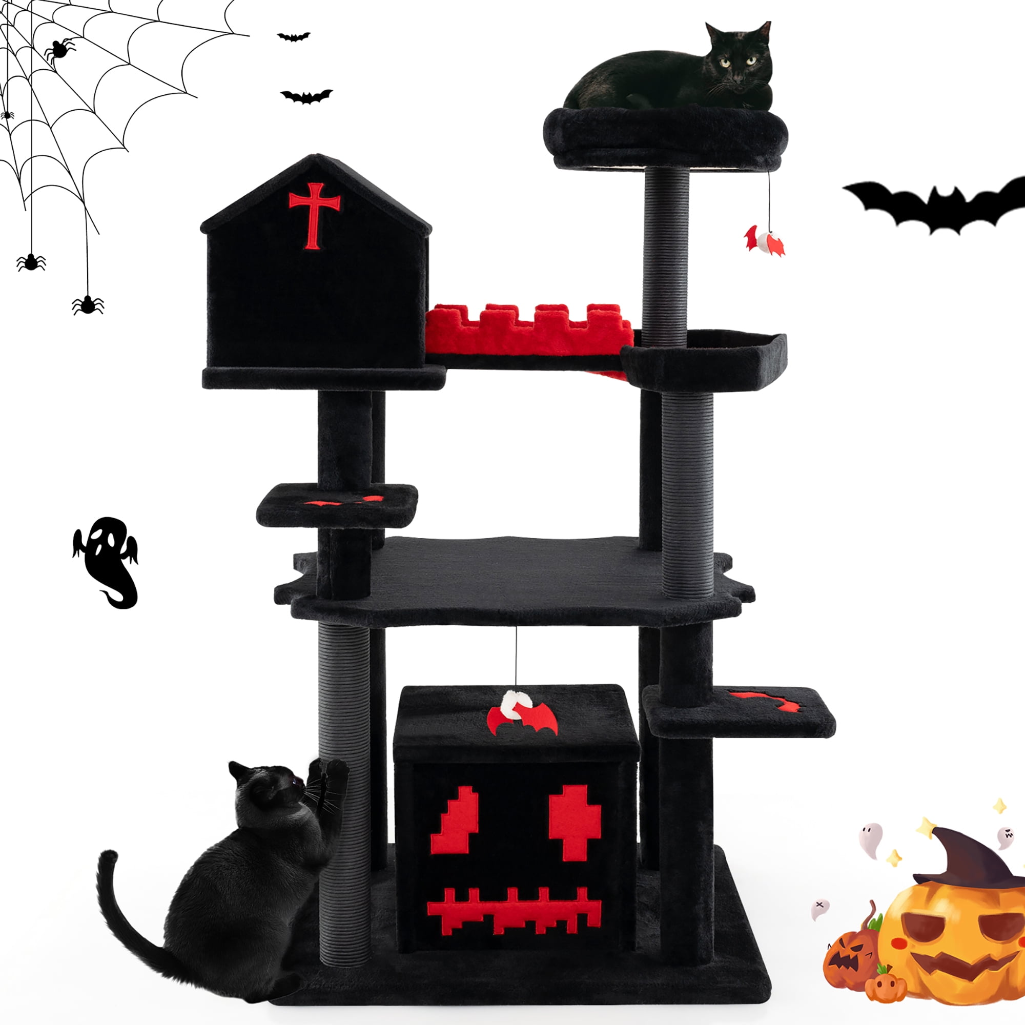 Gothic Black and Red 49'' Cat Tree with Coffin Bed and Perches