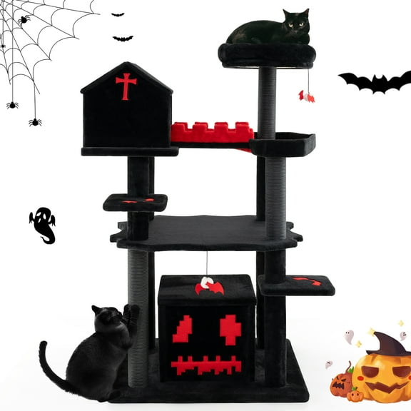 Gymax Gothic Cat Tree 49'' Tall Cat Tower w/ Coffin Bed & 2 Condos & Cozy Perch