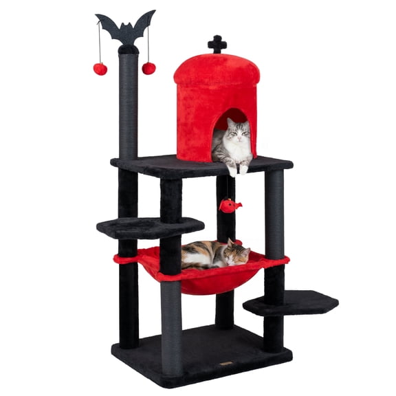 Gymax Gothic Cat Tree for Indoor Cats 51'' Spooky Cat Tower w/Castle House Hammock Red & Black