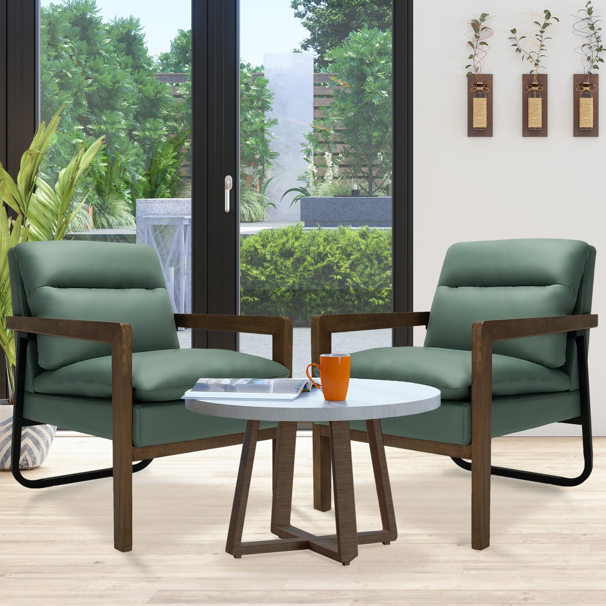 Gymax Green Set of 2 Single Sofa Chair Leisure Accent Chair w/ Wooden Armrests & Legs