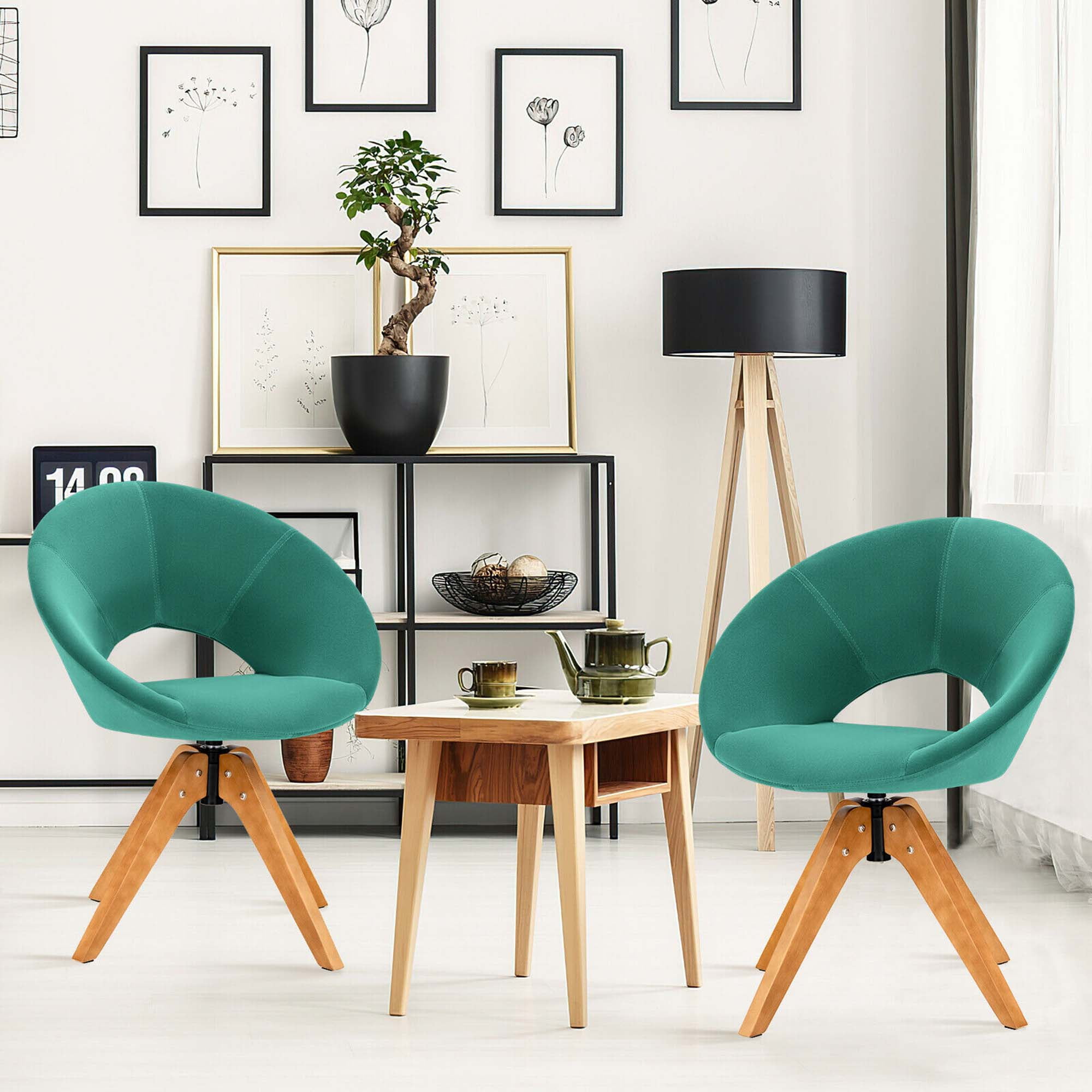 Gymax Green Set of 2 Swivel Accent Chair Modern Velvet Vanity Chair w/ Wood Legs