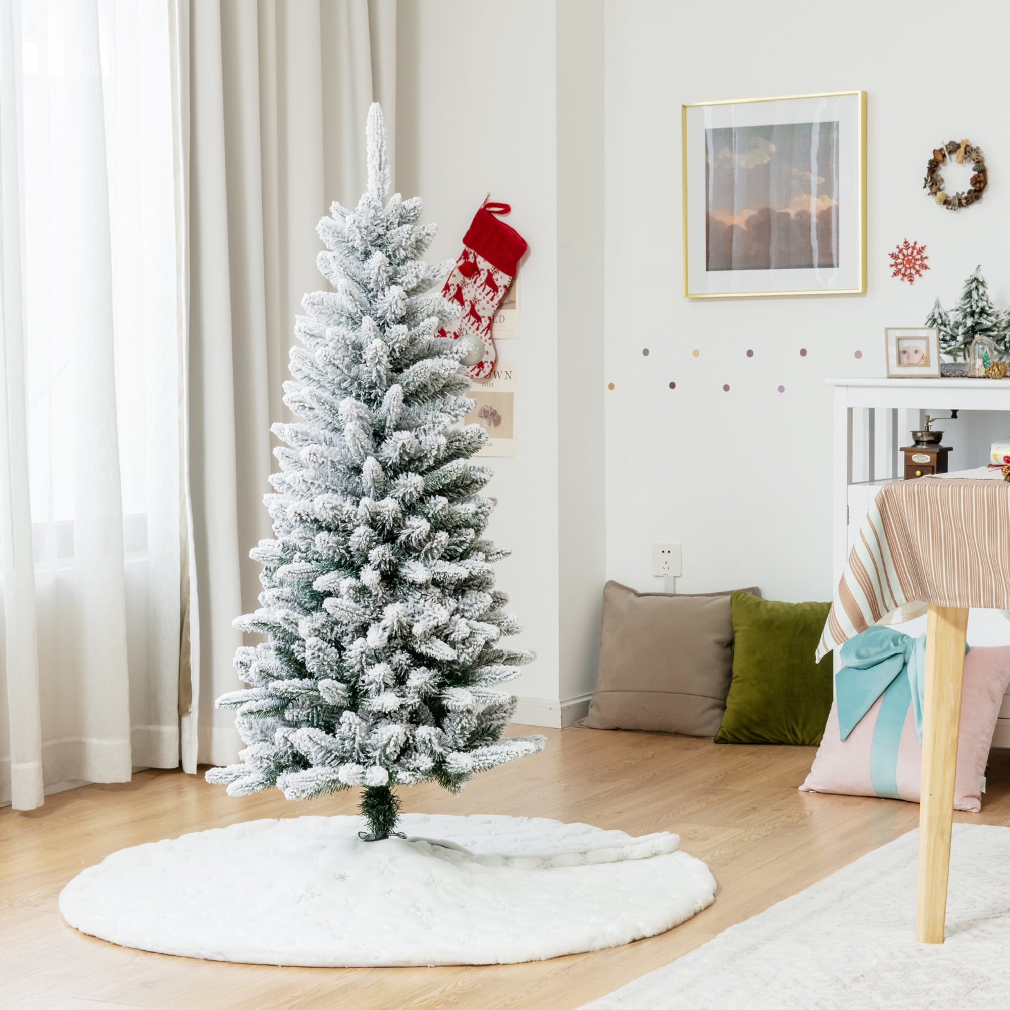 Gymax Green Snow Flocked Slim Pencil Unlit Artificial Christmas Tree, 4.5'