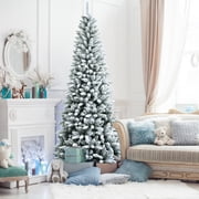 Gymax Green Snow Flocked Slim Pencil Unlit Artificial Christmas Tree, 7.5