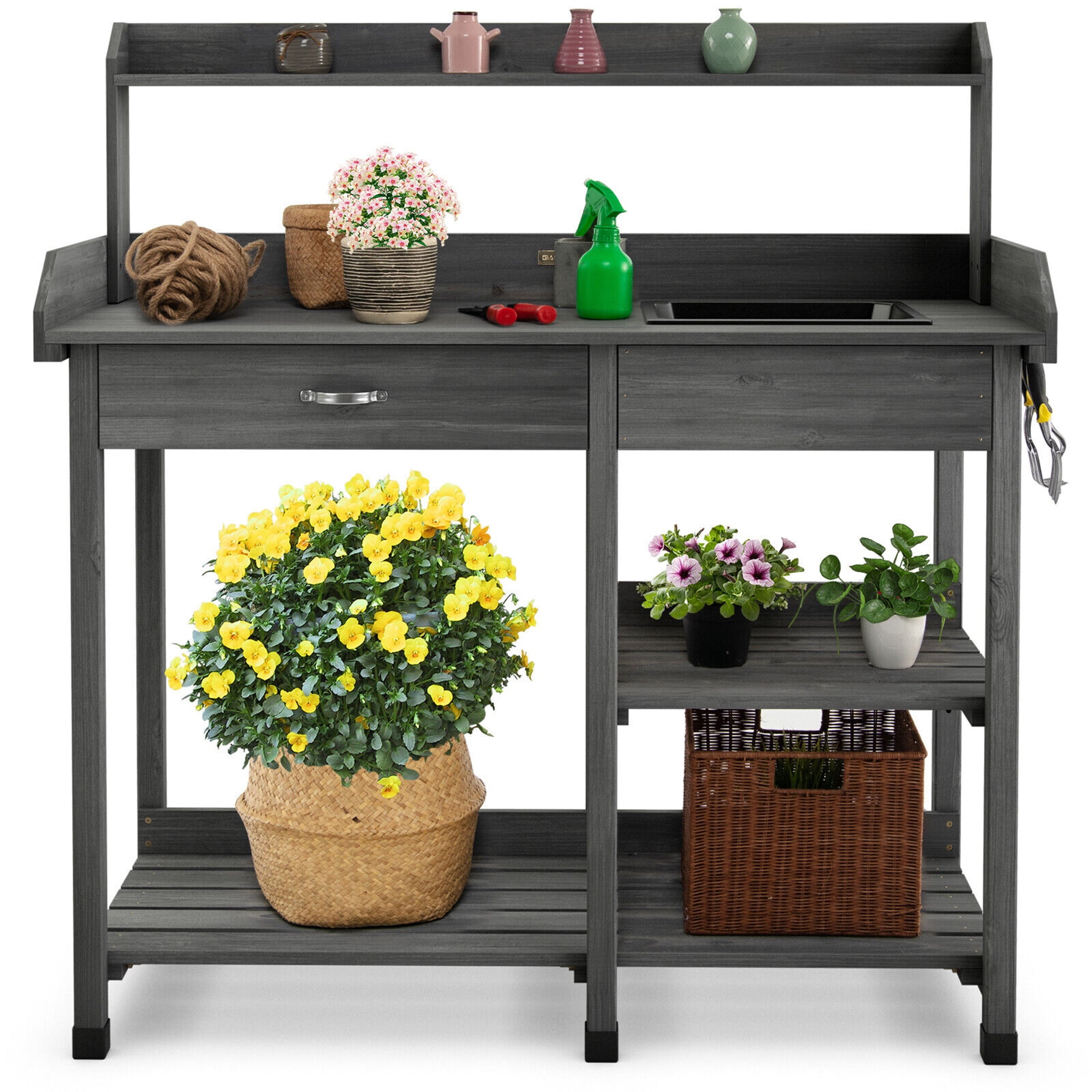 Gymax Grey Outdoor Garden Potting Bench Lawn Patio Table Storage Shelf Work Station