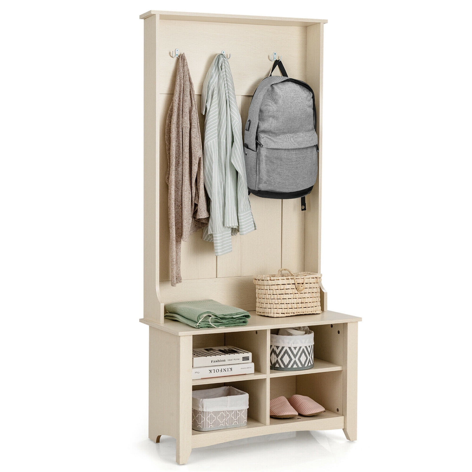 Gymax Hall Tree Storage Bench Entry Stand Coat Hat Rack with Shelf & 3 ...