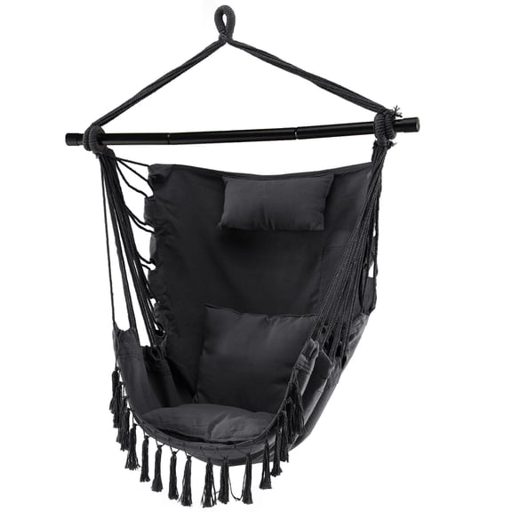Gymax Hammock Chair w/ Soft Pillow Cushions Pocket Hanging Rope Swing Steel Bar Gray