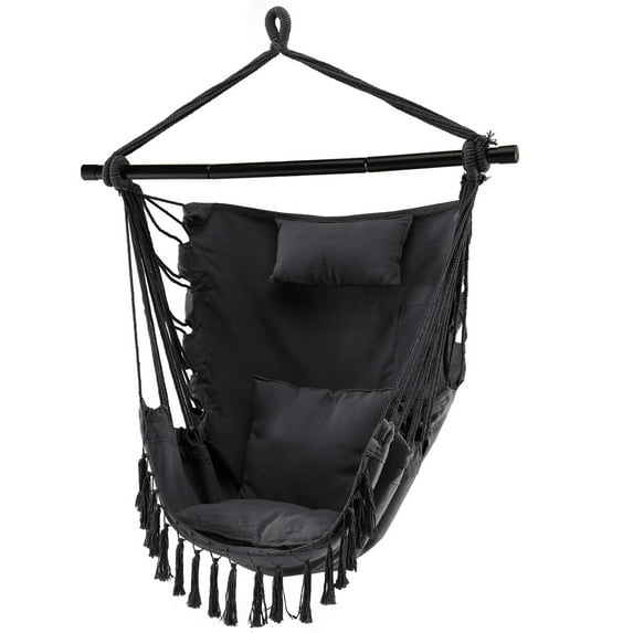 Gymax Hammock Chair w/ Soft Pillow Cushions Pocket Hanging Rope Swing Steel Bar Gray