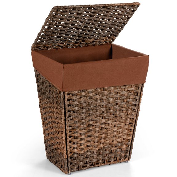 Gymax Handwoven Laundry Hamper Foldable w/Removable Liner, Lid & Handles Brown