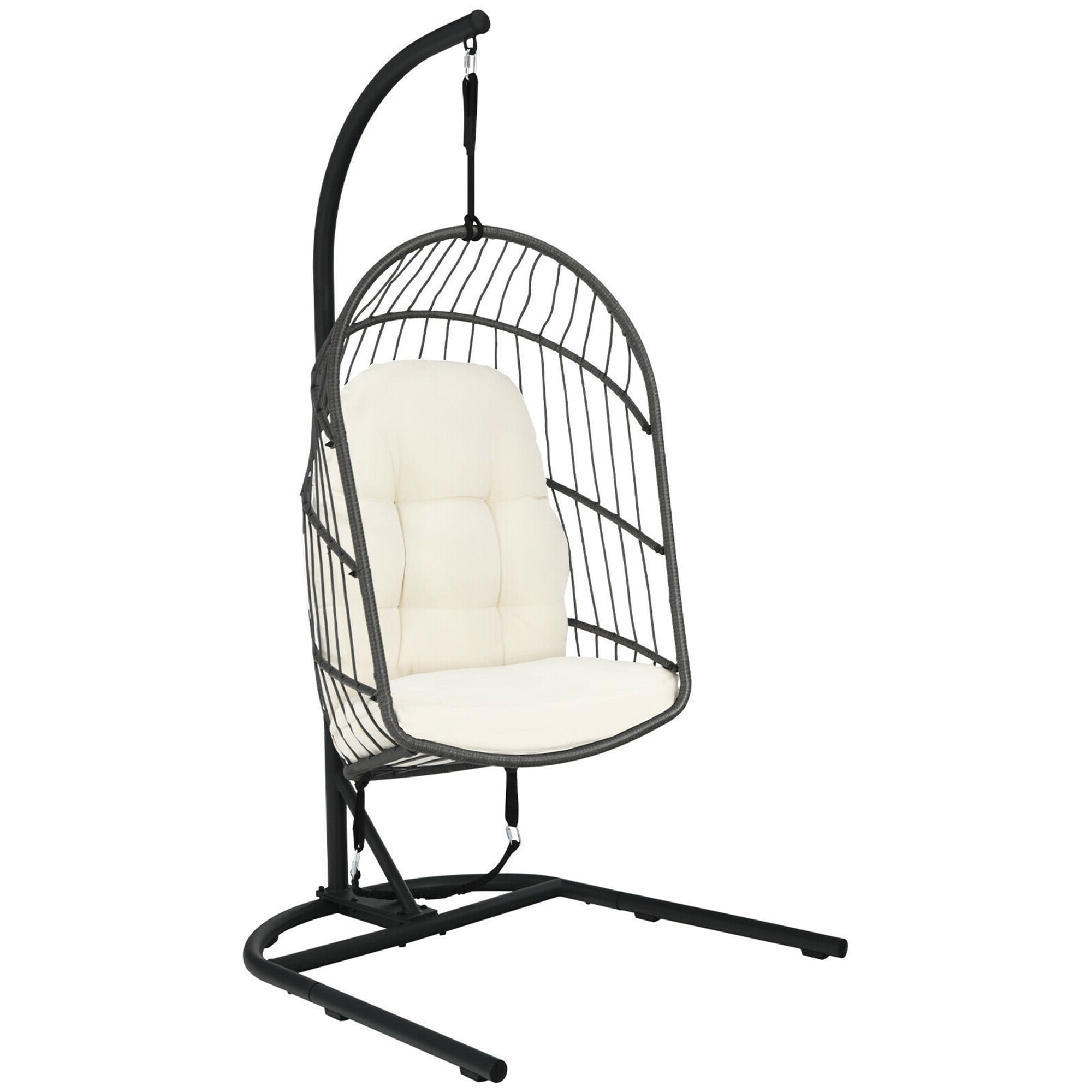 Beige Wicker Hanging Egg Chair with Cushions and Stand