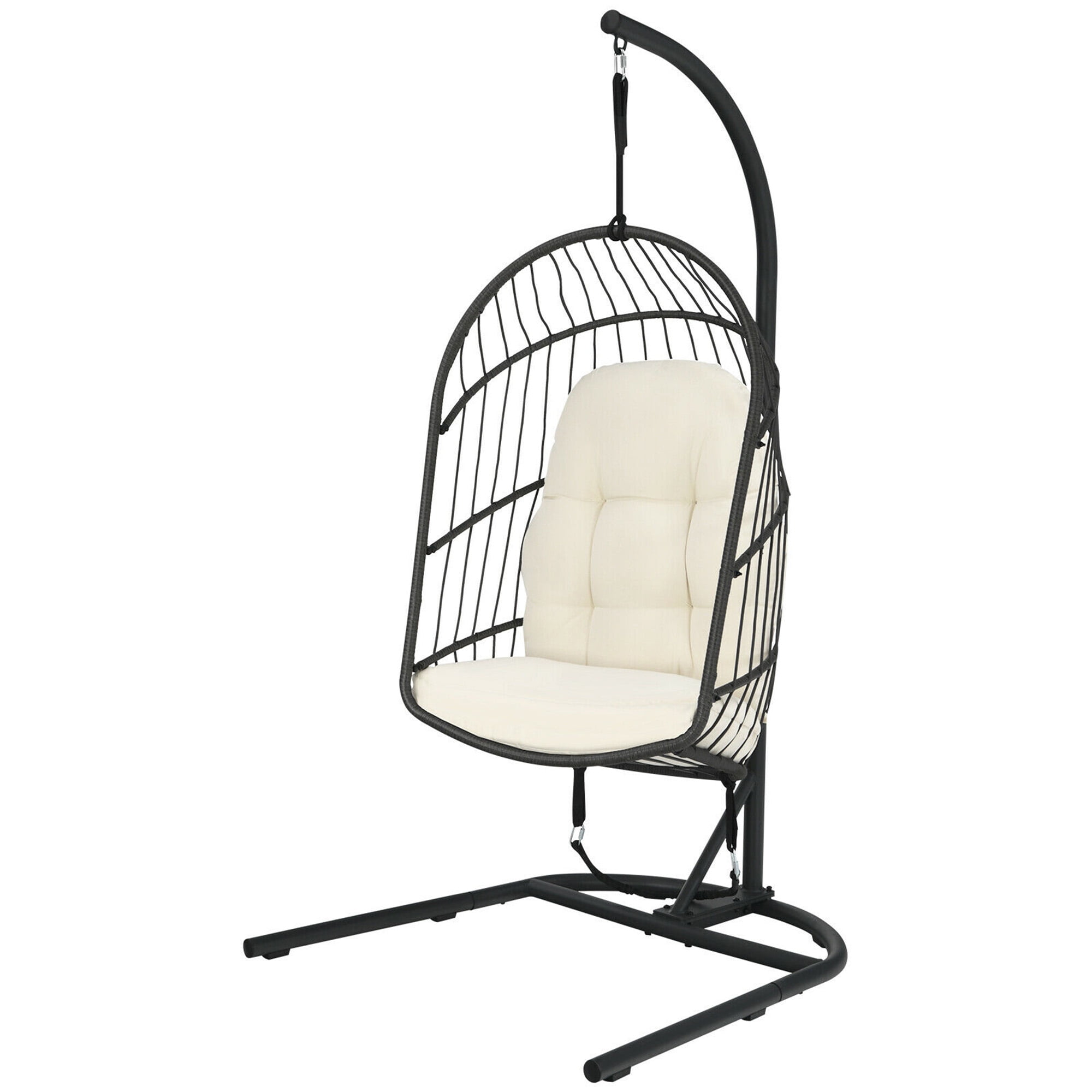 Gymax Hanging Hammock Patio Rattan Swing Egg Chair w/ Stand & Beige Cushions