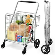 Gymax Heavy Duty Folding Shopping Cart Utility Jumbo Double Basket 330lbs Silver