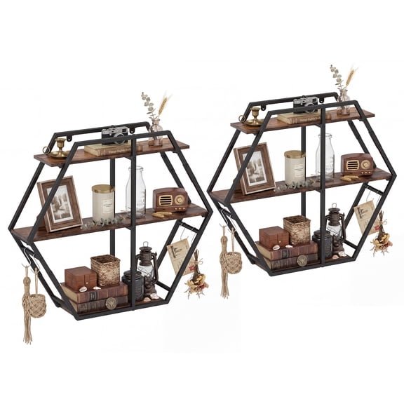 Gymax Hexagon Shelf for Wall 3-Tier Geometric Bookcase w/4 S-Shaped Hooks Metal Frame
