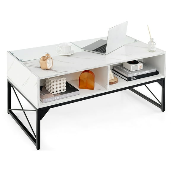 Gymax High-gloss LED Coffee Table w/ Faux Marble & Tempered Glass Top 4 Storage Cubes White