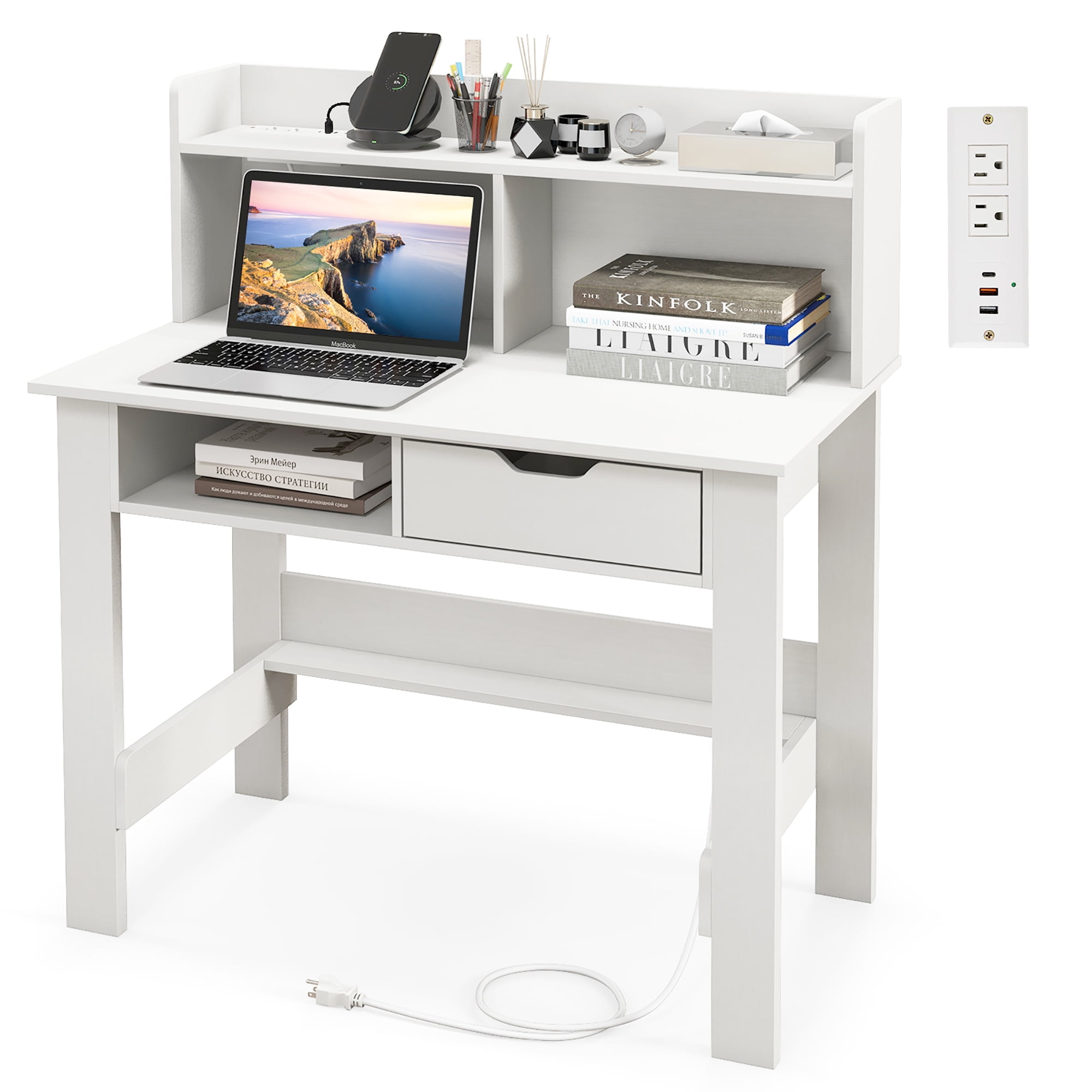 Gymax Computer Desk w/ Power Outlets \u0026 USB Ports \u0026 Type-C Study Writing Desk w/ Hutch