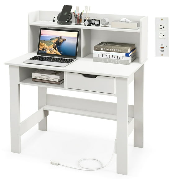 Gymax Computer Desk w/ Power Outlets & USB Ports & Type-C Study Writing Desk w/ Hutch