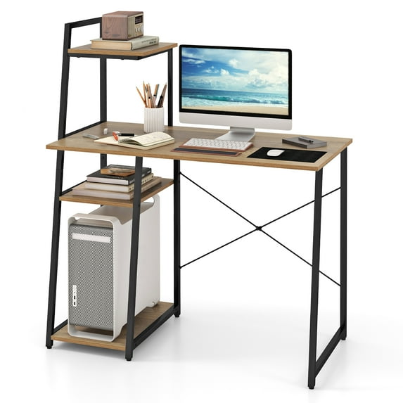 Gymax Home Office Desk Computer Desk w/ Bookshelf Host Stand Metal Frame Study Writing Desk
