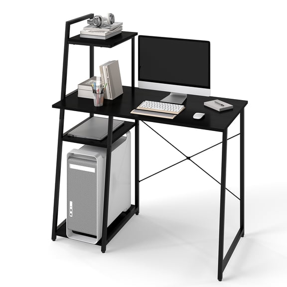 Gymax Home Office Desk PC Laptop Workstation w/ Bookshelf Host Stand Metal Frame Black