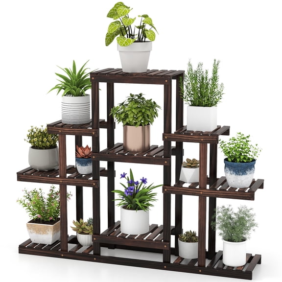 Gymax Indoor Outdoor Wood Plant St& High Low Ladder Flower Rack for Garden Balcony