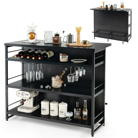 Gymax Industrial Kitchen Island Bar Table 4-Tier Storage Shelf Wine Rack Glass Holders