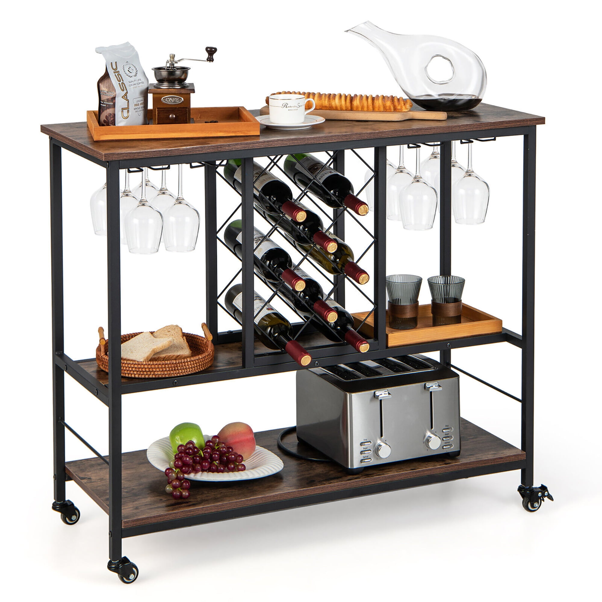 Gymax Industrial Liquor Bar Cart Rolling Kitchen Serving Cart w/ Wine Rack Glass Holder