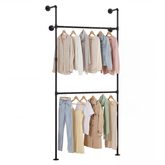 Gymax Industrial Pipe Clothing Rack Wall Mounted Heavy-Duty Metal Garment Organizer