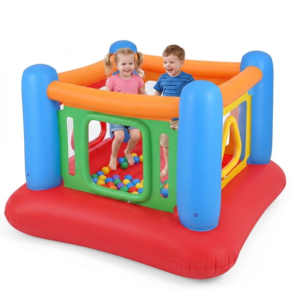 Gymax Inflatable Bounce House for Kids Blow Up Jumping House w/Transparent Side Walls Red & Blue & Orange