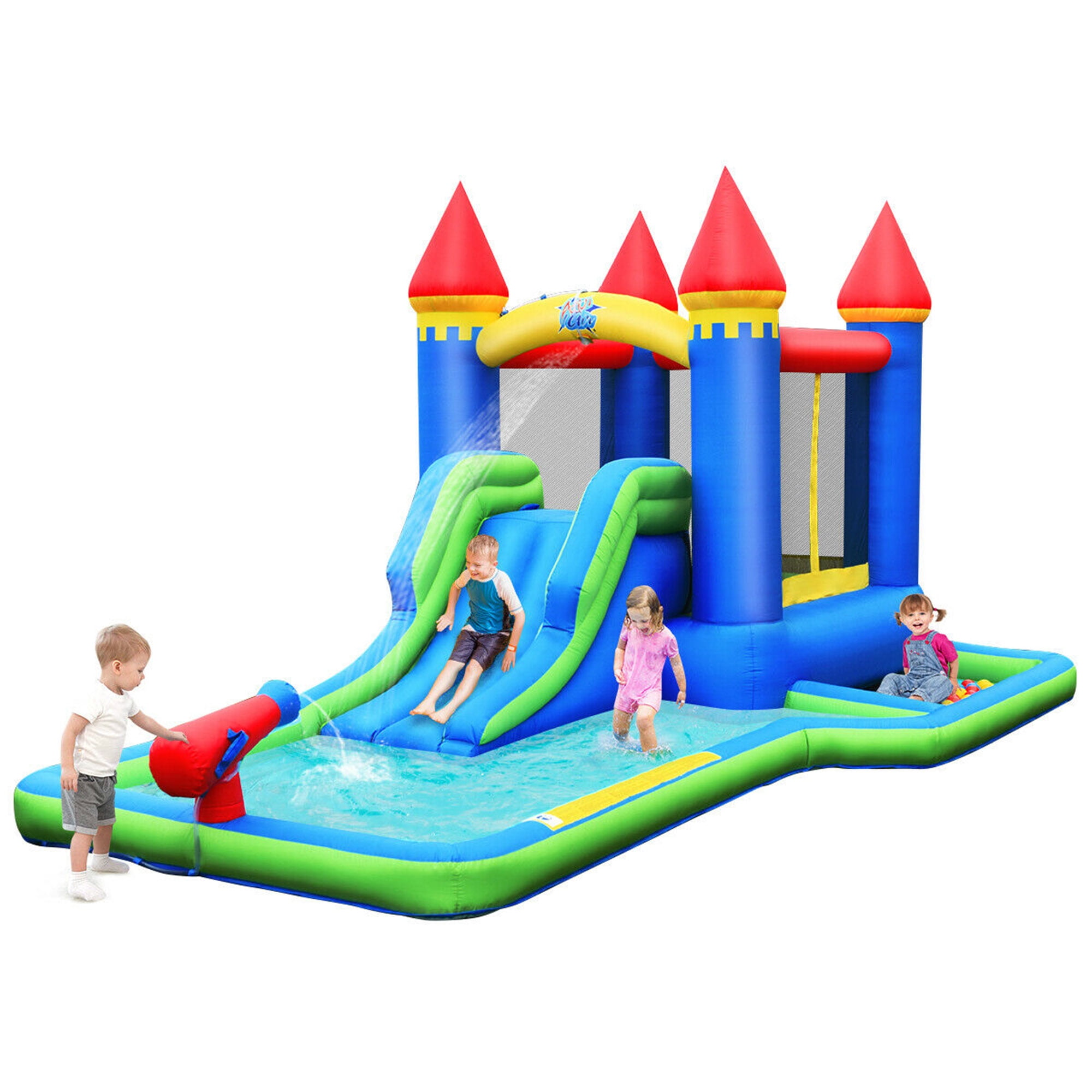 Gymax Bouncy Castle Inflatable Water Park, Climbing Slide, Bounce House Ball Pit without Blower