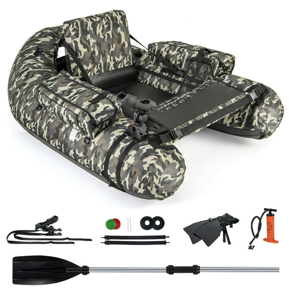 Gymax Inflatable Float Tube w/ Fish Ruler Rod Holder Storage Pockets Flippers Paddle