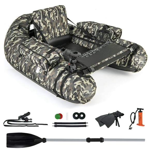 Gymax Inflatable Float Tube w/ Fish Ruler Rod Holder Storage Pockets Flippers Paddle