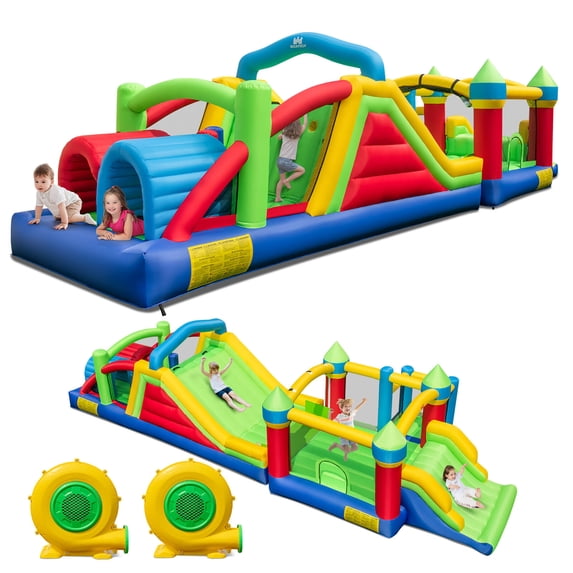 Gymax Inflatable Obstacle Course Bounce House Dual Slides w/2 680 W Blower