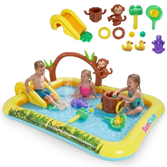 Gymax Inflatable Play Pool Center w/Water Slide Monkey & Tree Stump for Backyard