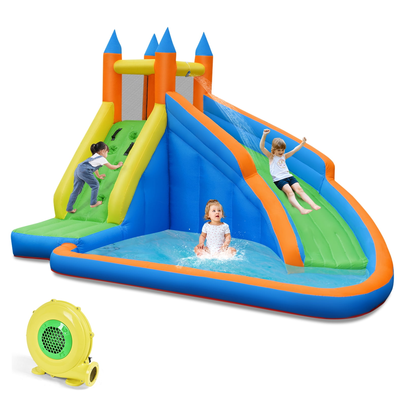 Gymax Inflatable Water Park Bounce House Climbing Wall Splash Pool w/ 480W Blower Outdoor