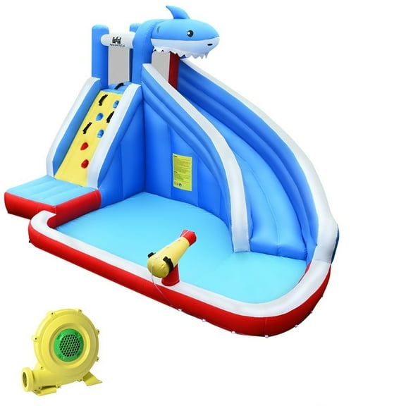 Gymax Inflatable Water Park Bounce House Slide Shark w/ Climbing Wall Splash Pool