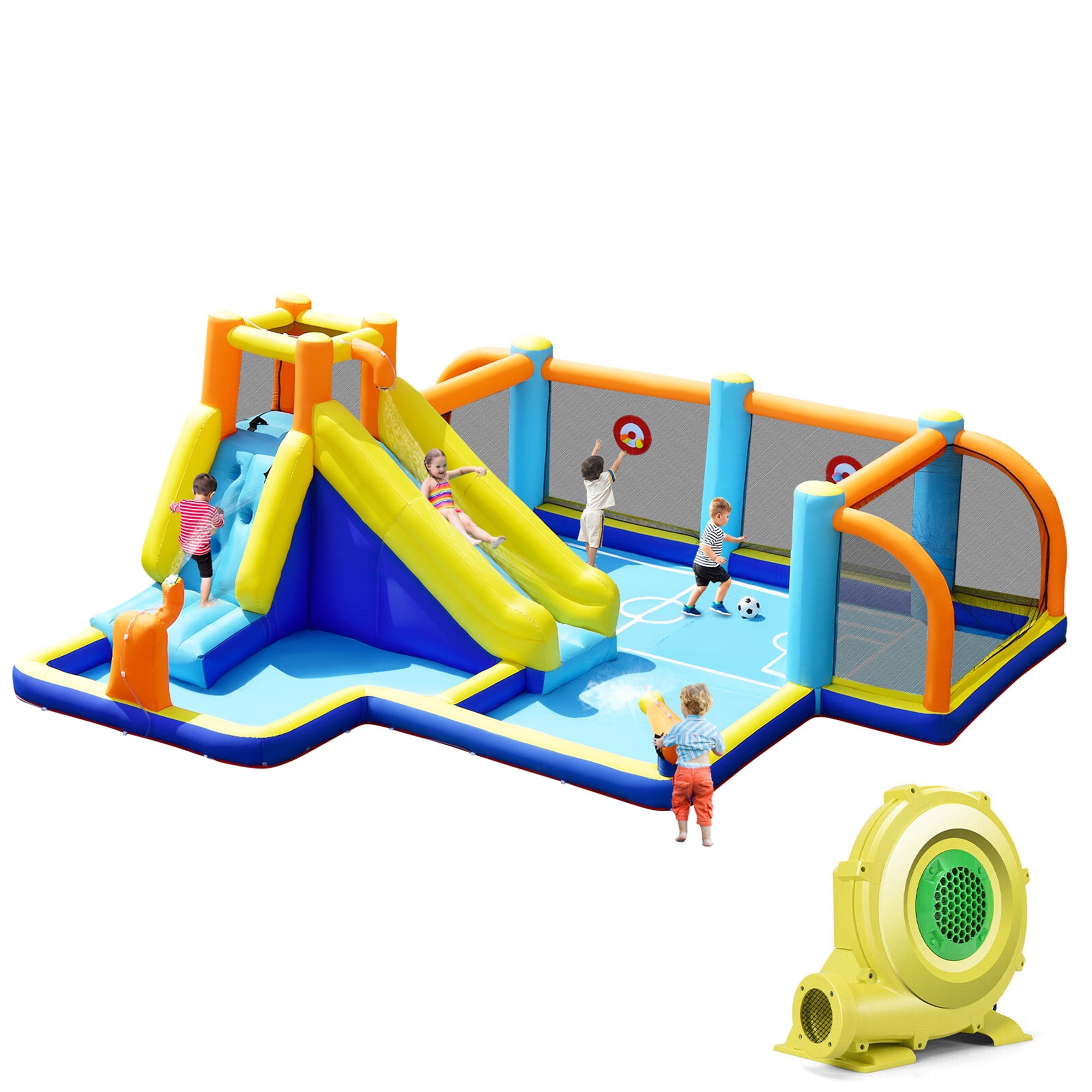 Gymax 7in1 Giant Inflatable Bouncy Water Slide, Kids Wet Dry Jumper House with Big Jump & 735W