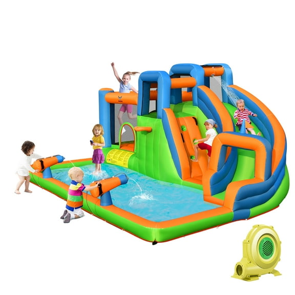 Gymax Inflatable Water Slide Giant Bounce Castle w/ Dual Climbing Walls & 735W Blower